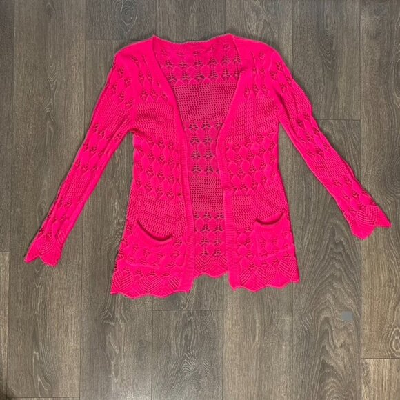 Women's Pink Crochet Knit Cardigan Sweater Pink Open front Boho Chic - Picture 6 of 10